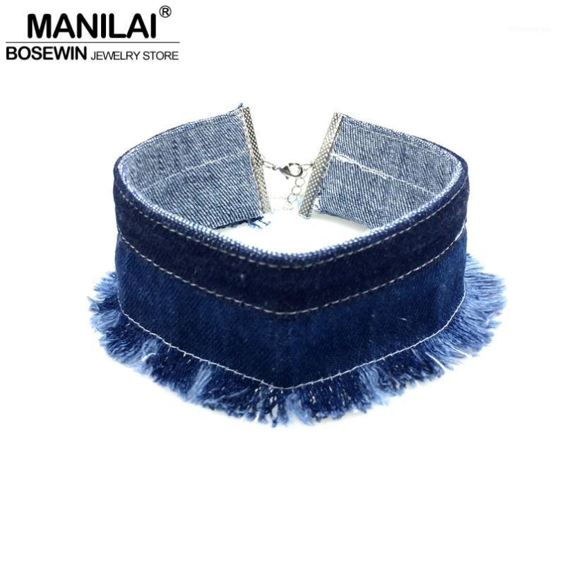 

MANILAI Unique Bohemia Fashion Women Retro Blue Denim Chokers Necklace Tassel Jeans Statement Necklace Jewelry1