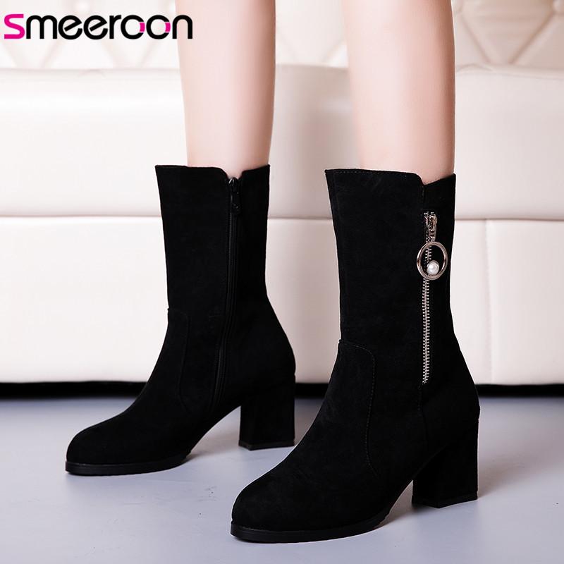 

Smeeroon 2020 new arrive winter autumn boots for woman dress shoes high heels female mid calf boots black wholesale ladies