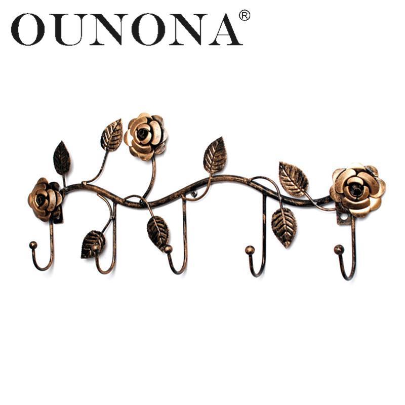 

OUNONA Iron Hook Rack with 5 Hooks Bathroom Over the Door Hanger for Towel Coat Clothes Hat Bag Rose Shaped Hanging Iron Rail