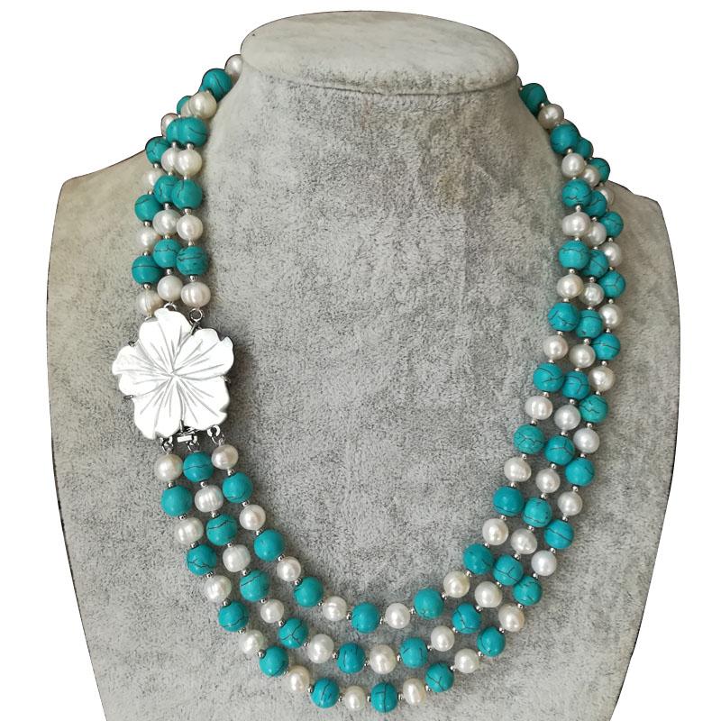 

17-19 inches Three Rows 8-9mm Natural Round Freshwater Pearl and TurquoiseBeads Necklace with Shell Flower Clasp