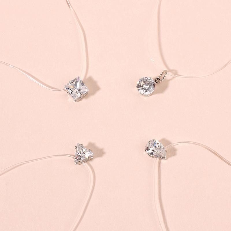 

Shiny Square Water Drop Triangle Shape Zircon Pendant Necklace Women Party Invisible Transparent Fishing Line Clavicle Necklace