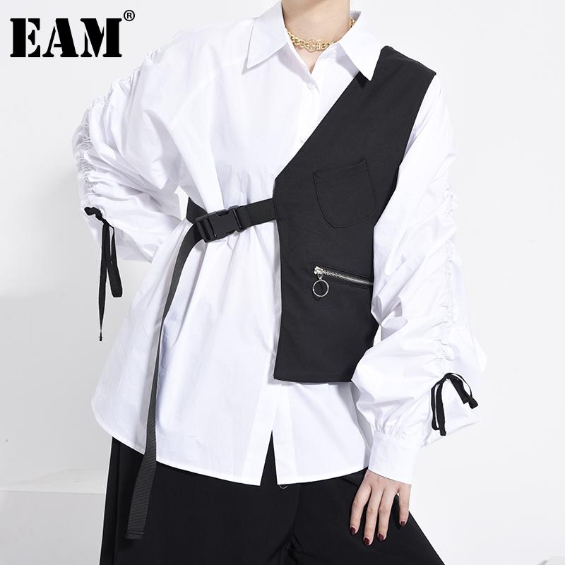 

EAM] Women Loose Fit Black Buckle Split Joint Irregular Vest New V-collar Sleeveless Fashion Tide Spring Autumn 2020 1Y08001
