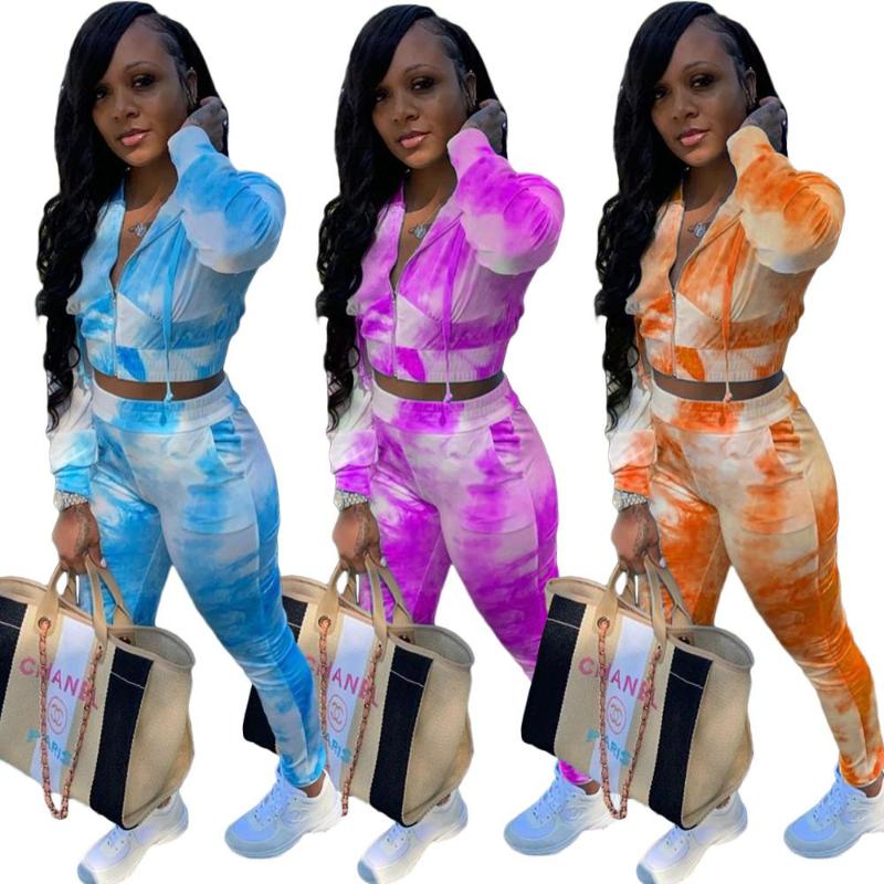 

Tie Dye Tracksuit Women Two Pieces Set Long Sleeve Zipper Crop Top Slim Pants Running Sportswear Fitness Energy Jogging Outfits, Blue set