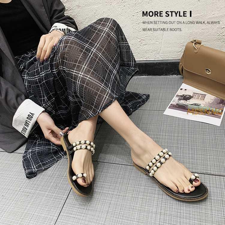 

Summer New Women's Slippers Fashion Pearls Studded Flat Ladies Slides Toe Covering Slippers Anti Slip Women1, Black