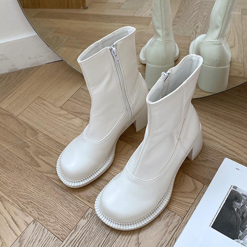 

Luxury 2020 Women White 7cm Thick High Heels Ankle Boots Round Toe Soft Leather Designer Platform Western Cowgirl Boots Shoes1, Black