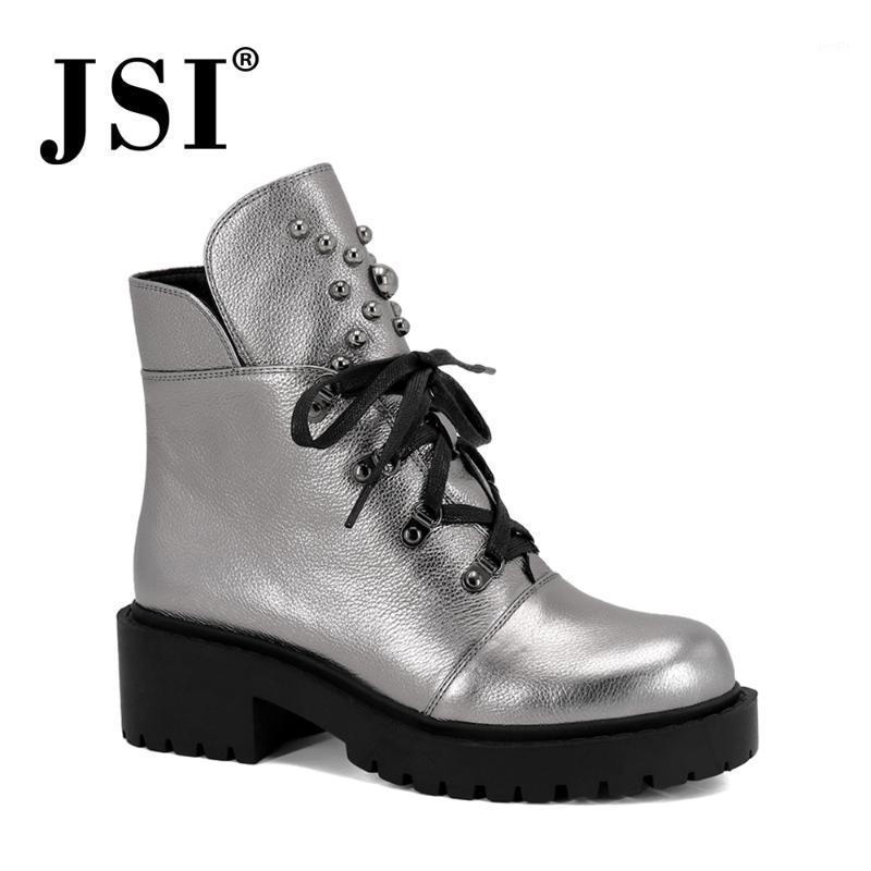 

JSI Women Genuine Leather Ankle Boots New Hot Sale Solid Mid Heel Shoes Fashion Basic Metal Decoration Round Toe Lady Boots JM421, Gray