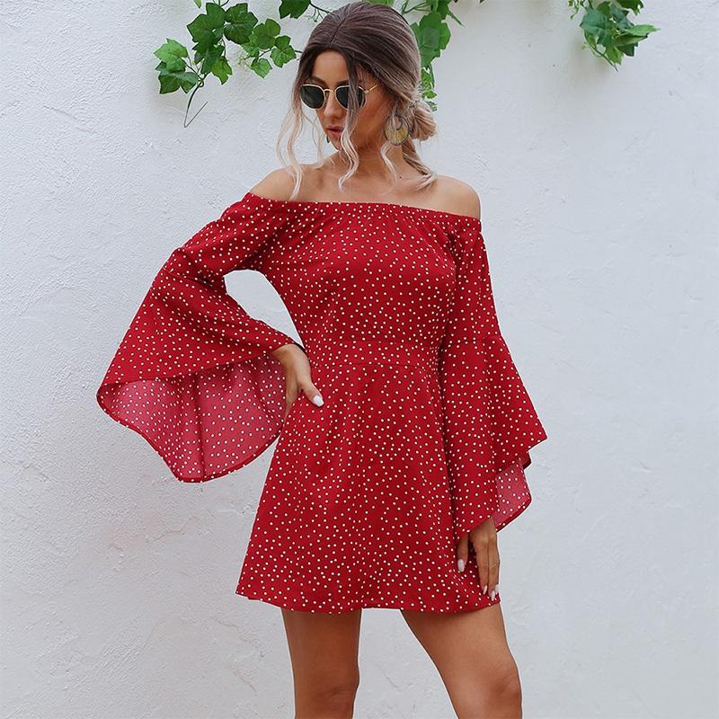 

Off Shoulder Women Dress Elegant Dot Print Flare Long Sleeve Mini Dress Sexy Dresses, Red