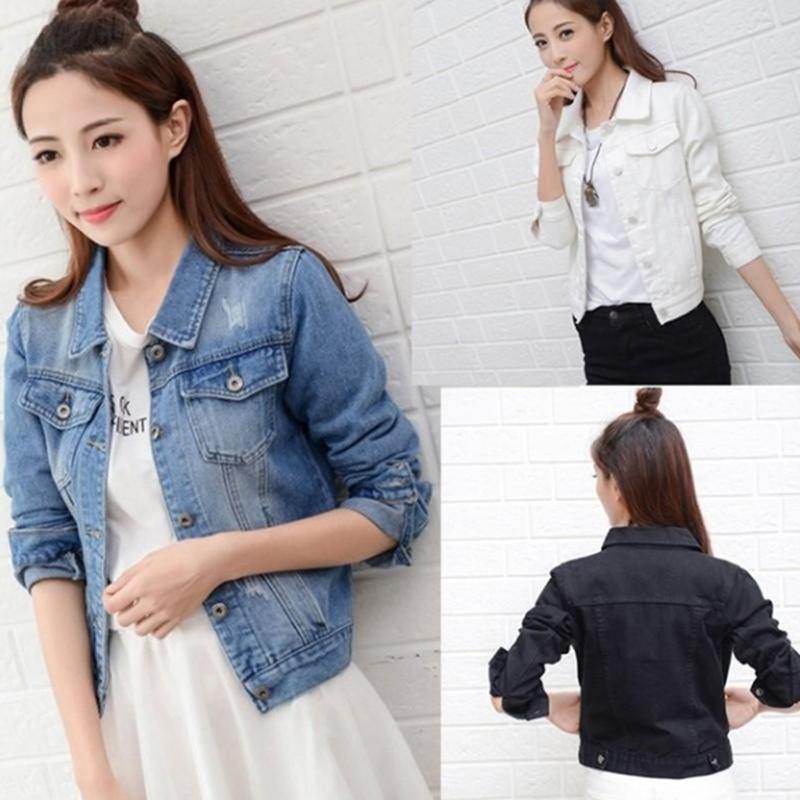 

2020 Women Plus Size 2XL Short basic jeans jacket coat Full Sleeves Single Breast Slim Women Denim Jacket, Black