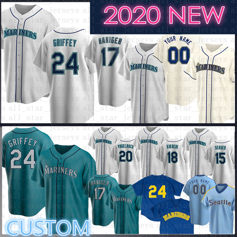 

Seattle Custom Ken Griffey Jr. Ichiro Suzuki Baseball Jersey Yusei Kikuchi Robinson Cano Jay Buhner Ryon Healy Kyle Seager Randy Johnson, Blue;black