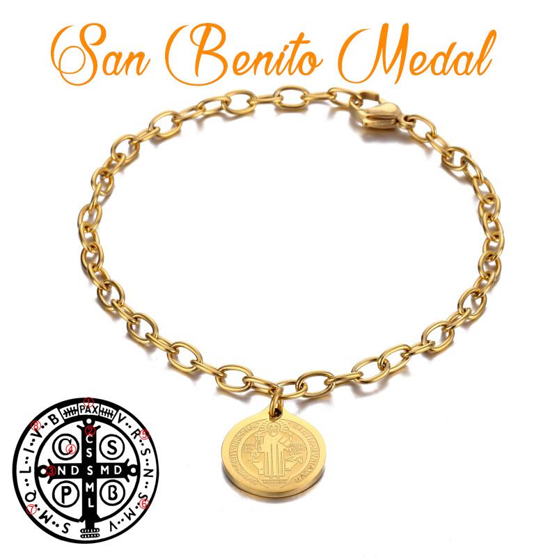 

Charm Bracelets Gold San Benito Medal For Women Religious Catholic Vintage Wrist Bracelet Chain Stainless Steel Jewelry 2021 Gifts