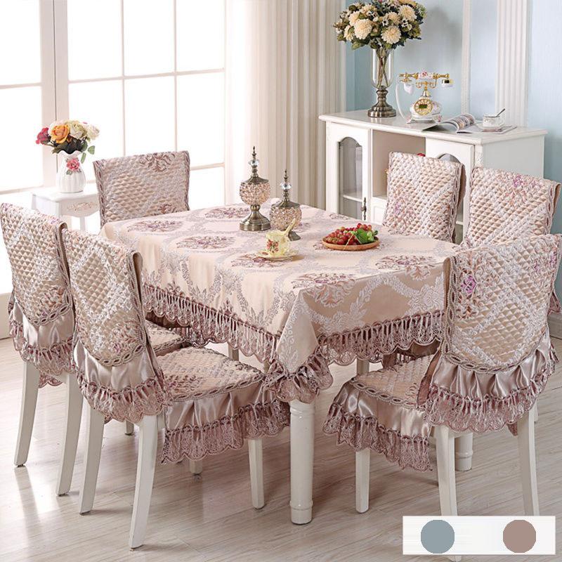 

Luxury Europe Table Cloth Satin Printed Lace Chair Cover Cushion Set Hotel Wedding Decorat Banquet Home Dinning Tablecloth Set, Green 2pcs