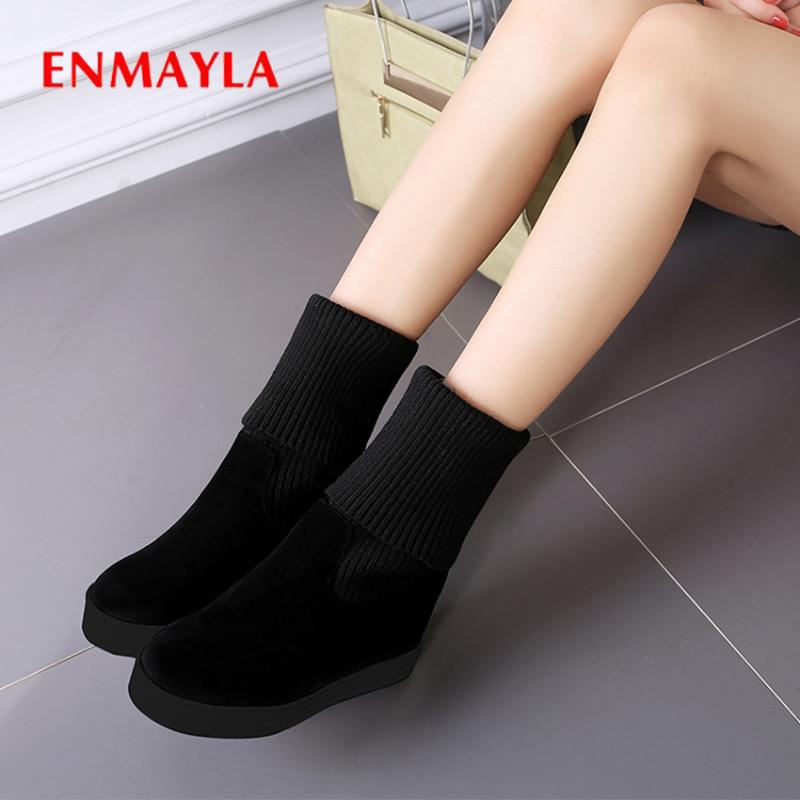 

ENMAYLA Microfiber + Wool Height Increasing Elastic Band Women Boots Round Toe Mid-Calf Solid Short Plush Fur Boots Winter Shoes, Black