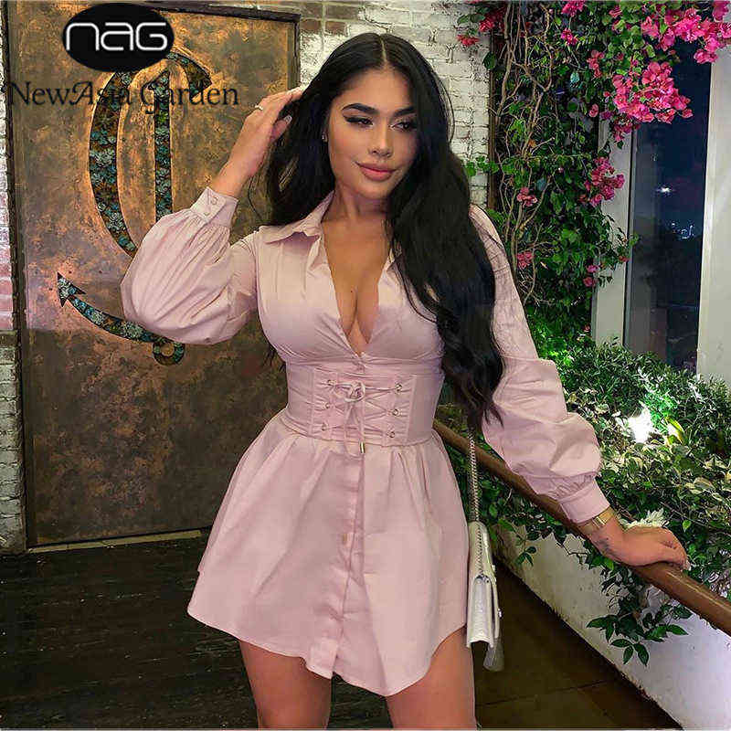 

NewAsia Long Sleeve Shirt Dress With Corset Belt Casual Dress Women Vintage Sexy Pink Fashion Party Dresses Mini White Vestdos G1223