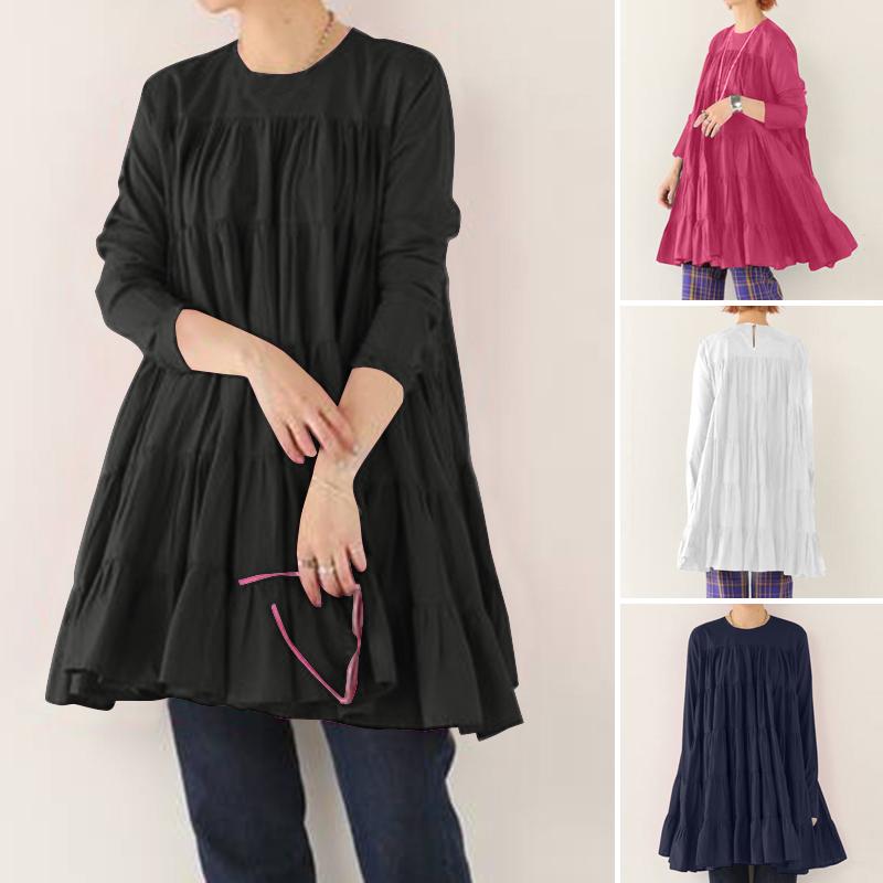 

Spring Baggy Blouse Streetwear Solid Loose Tops 2021 ZANZEA Women Casual Ruffled Hem Shirts Full Sleeve Blusa Femininas Chemise, Black