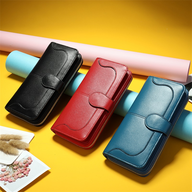 

Women's Long Wallet Genuine Leather Luxury Wallet Wristlet Female Clutch Designer Holder Purse Phone Money Bag 8855, Red