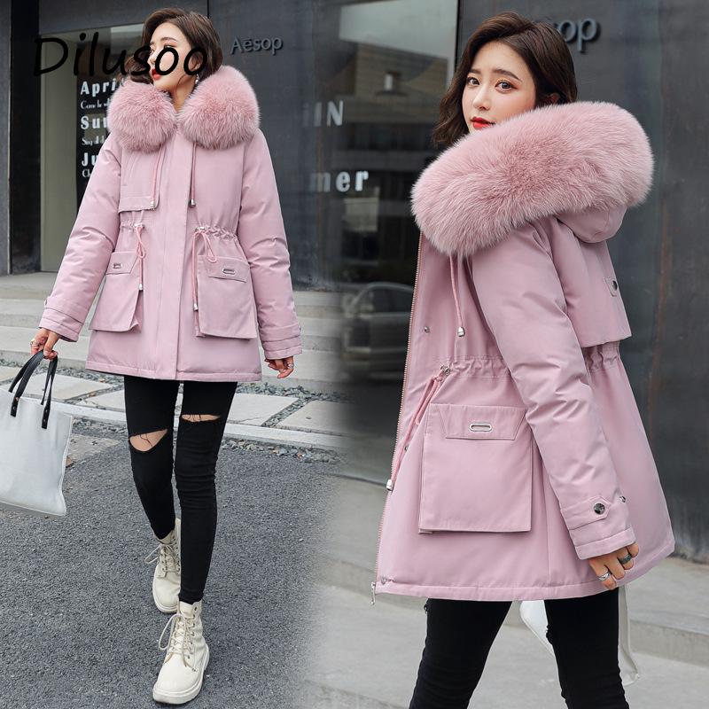 

Dilusoo Women Cotton Liner Parka Fur Collar Parker Thicken Korean Winter Jacket Pockets Solid Warm Plush Hooded Parka Coats Lady, Black