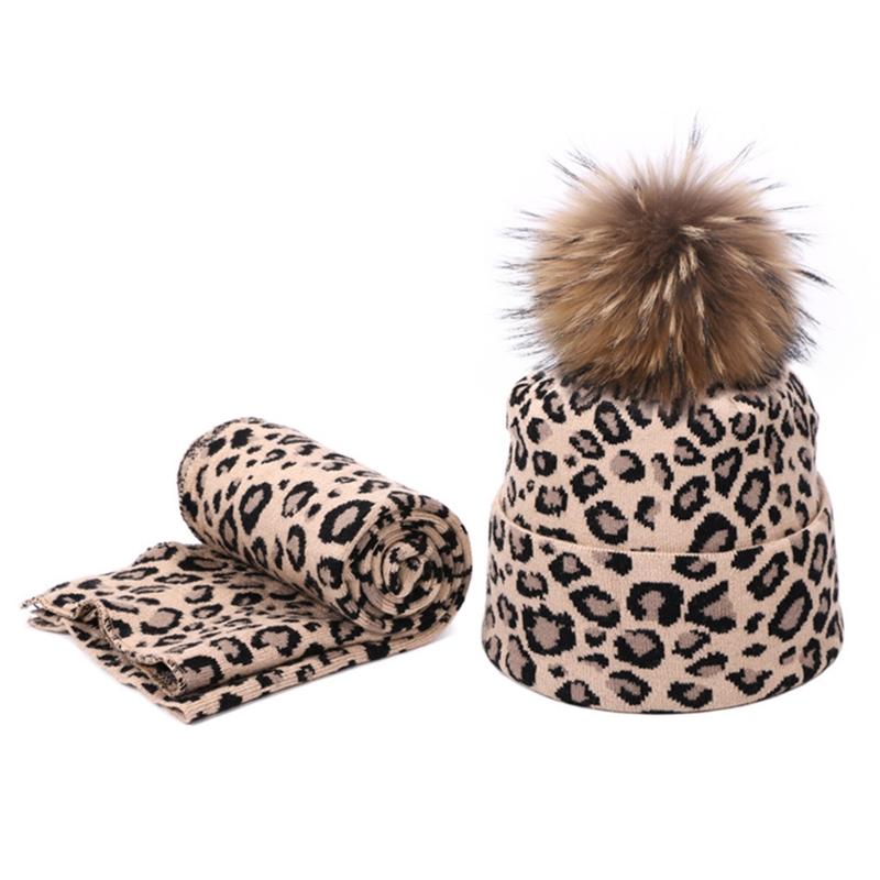 

2pcs Winter Women Pompon Beanie Hat Scarf Set Leopard Warm Faux Fur Pom Pom 449F
