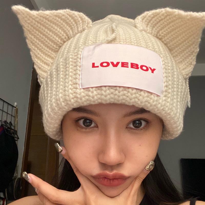 

2020 Autumn And Winter Beanie Hats For Women New Cute Cat And Pig Ear Lovers Woolen Hip Hop Cap Handmade Warm Knitted Hat Gorros, White