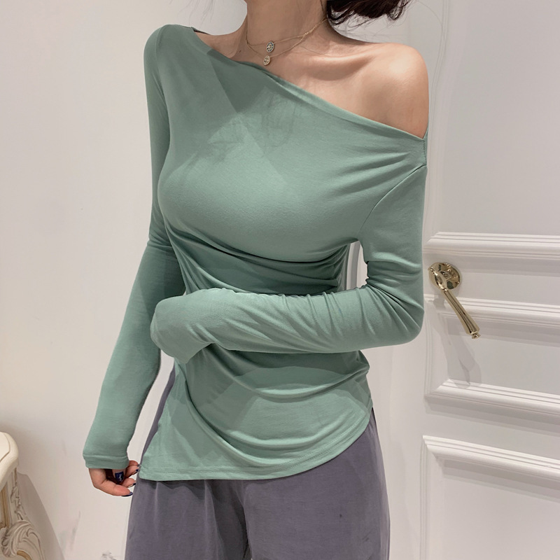 

2021 Early Fall New Lean Long Sleeve Elegant Female Off the Shoulder Sexy Bottom Shirt Fashion Ipw3, Gray