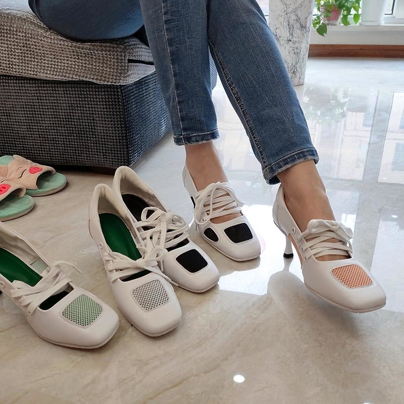 

2020 Woman Spring Casual Breathable Rentals High Heels Five in Shoes Fashion Crocheted Toe Square Slide Ladies'shoes 7tn5, Orange