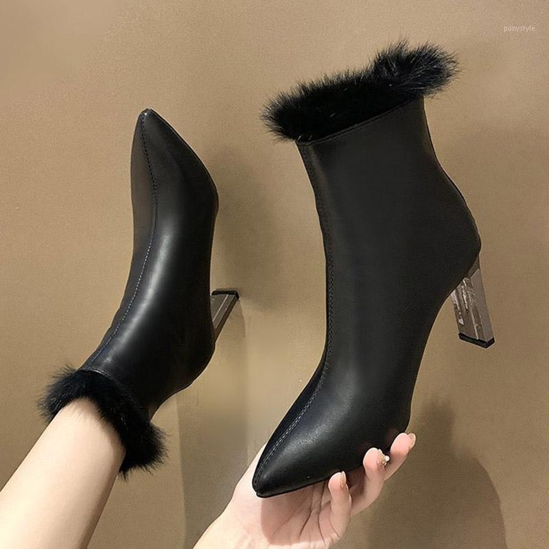 

2020 Winter New Style Fur High Heel Ankle Boots Pointed Toe Dress Shoes Women Warm Snow Shoes Fashoin Booties botas mujer 8607N1, Brown