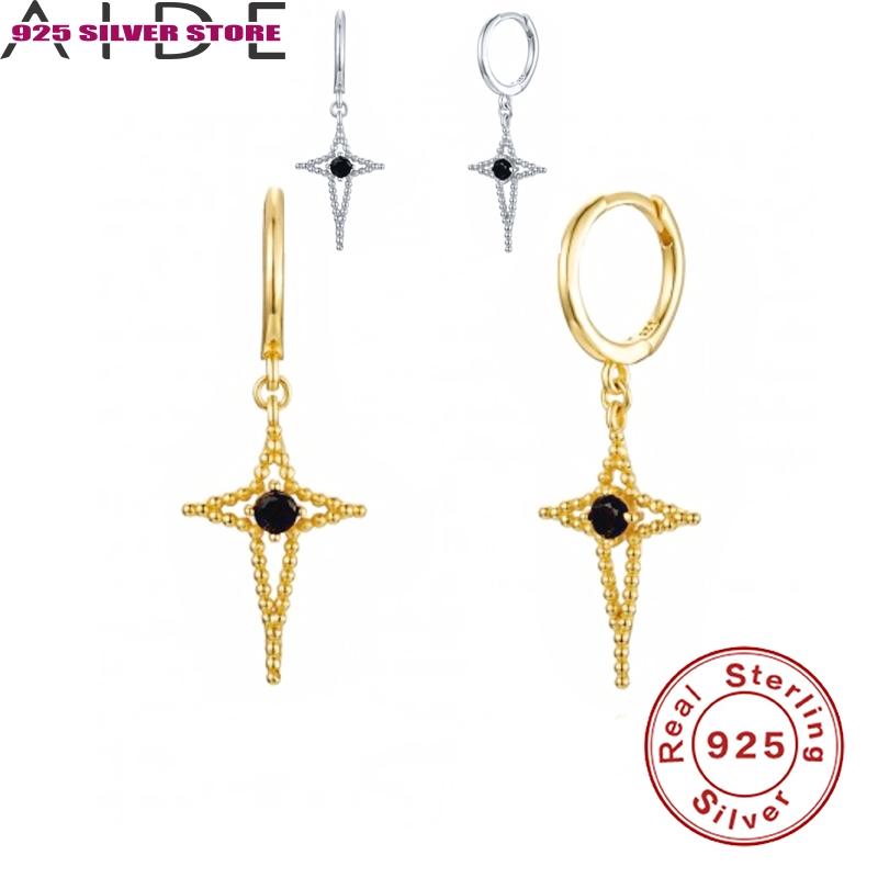 

Hoop & Huggie Aide Luxury Pendientes Sterling 925 Silver Huggie Earrings Black Zircon Cross Hanging Earring For Women Support Wholesale