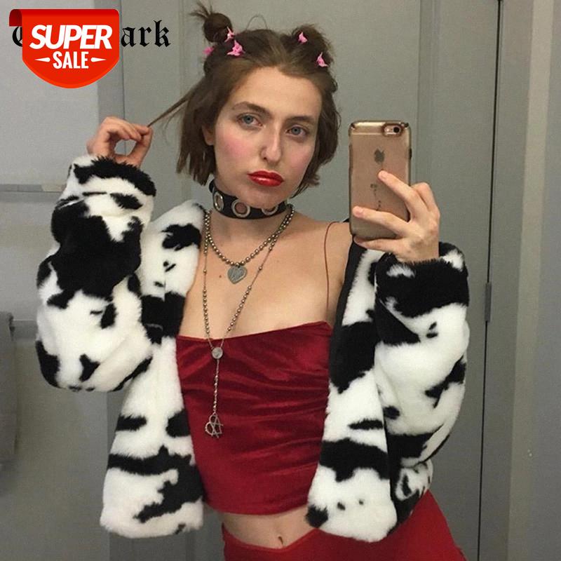 

Goth Dark Fashion Cow Printed Gothic Faux Fur Coat Open Zipper Front Warm Soft Fur Jacket Women Long Sleeve Loose Outwear Autumn #PB7s, Black;brown