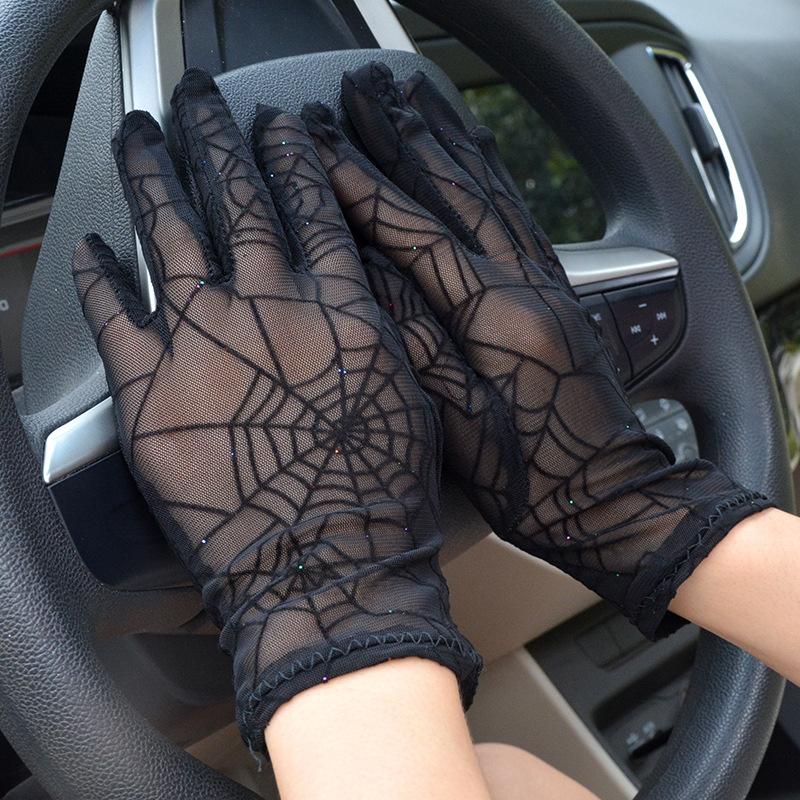 

Summer Women Sexy Hollow Lace Sunscreen Gloves Breathable Transparent Black Spider Web Mesh Drive Personality Cosplay Gloves