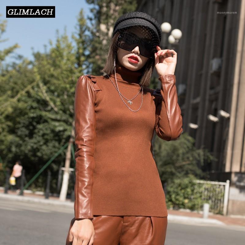 

Women Knitting Sweater Spliced Real Leather Long Sleeve Slim Harajuku Turtleneck Pullovers Female Skinny Ladies High Neck Tops1, Black