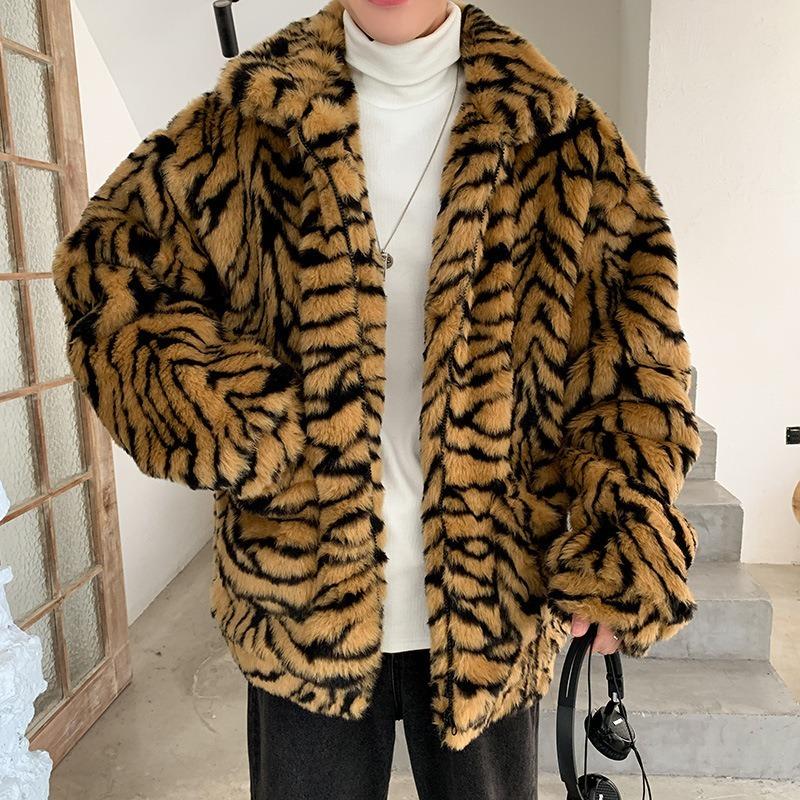 

Winter Women Men Faux Fur Tiger Pattern Coat Jacket Male Fashion Loose Warm Coat Male Streetwear Thicken Outerwear Oversize, Yellow