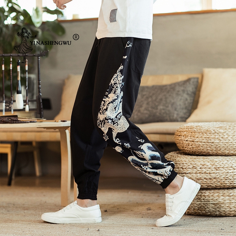 Japanese Fashion Kimono Print Pants Asian Costume Casual Long Pants Kimono Yukata Men's Harem Trousers Side Print-image-591189658