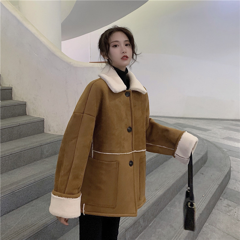 

2021 New Female Suede Korean Winter Leather Street-style Stylish Thick Jacket Oversized J4E4 A8U3, Haji