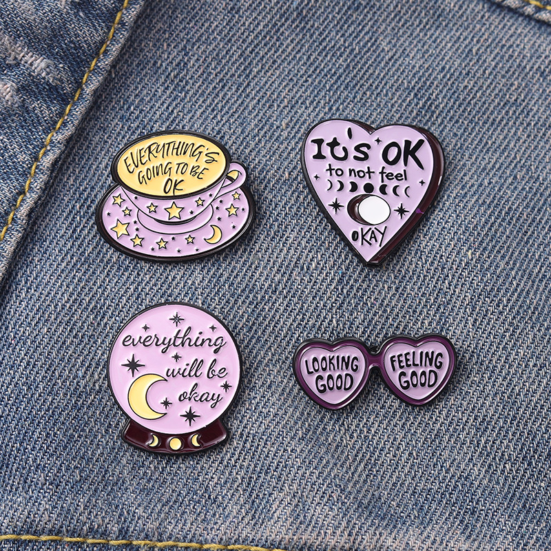 

Inspirational Quotes Enamel Pin Purple Witch Crystal Moon Phase Coffee Cup Heart Glasses Brooches Chin Up Badges for Friends, Mixed colors