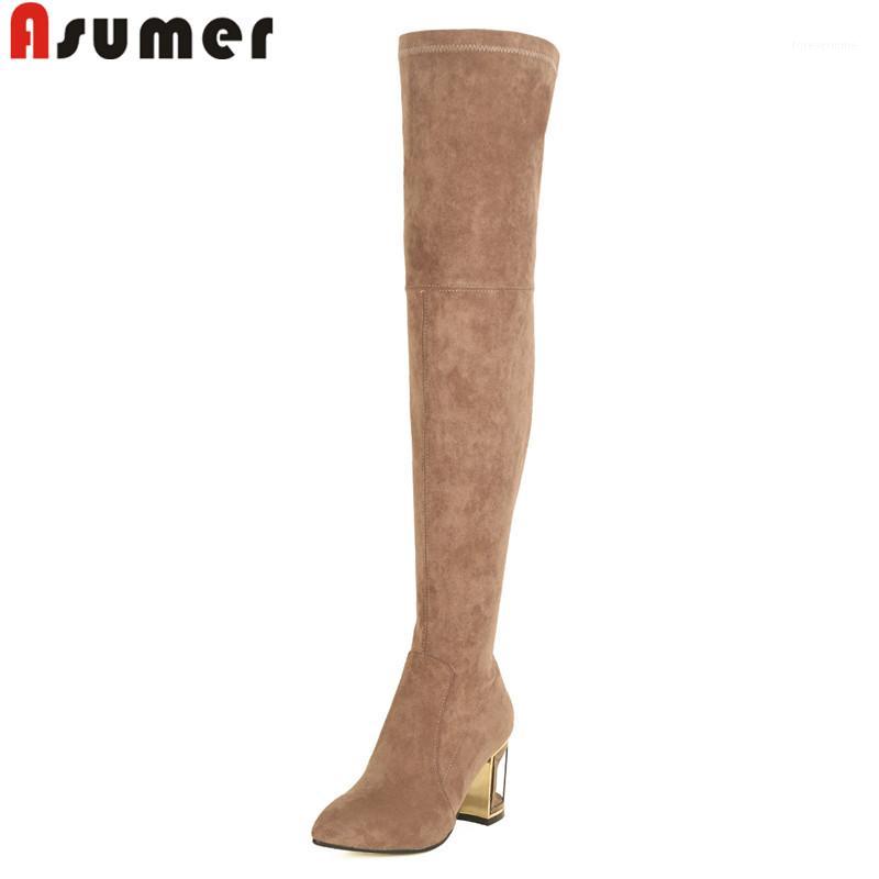 

ASUMER big size 33-43 fashion autumn winter shoes woman pointed toe over the knee boots suede leather high heels boots1, Yellow not fur