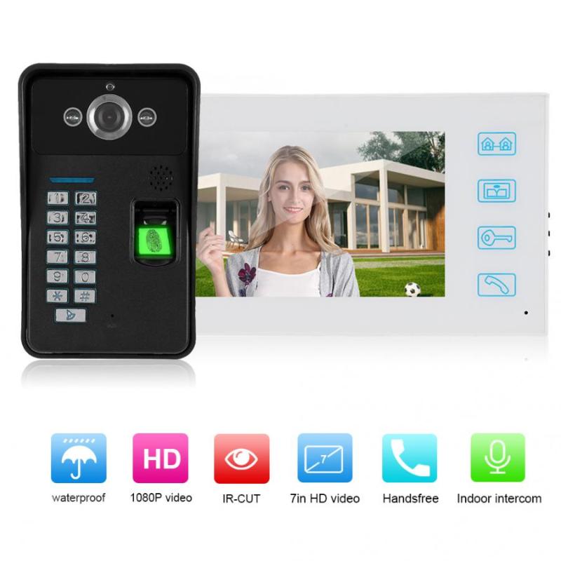 

7in 16:9 Wired Video Intercom 1080P Fingerprint Password Card Remote Access Control System 100-240V
