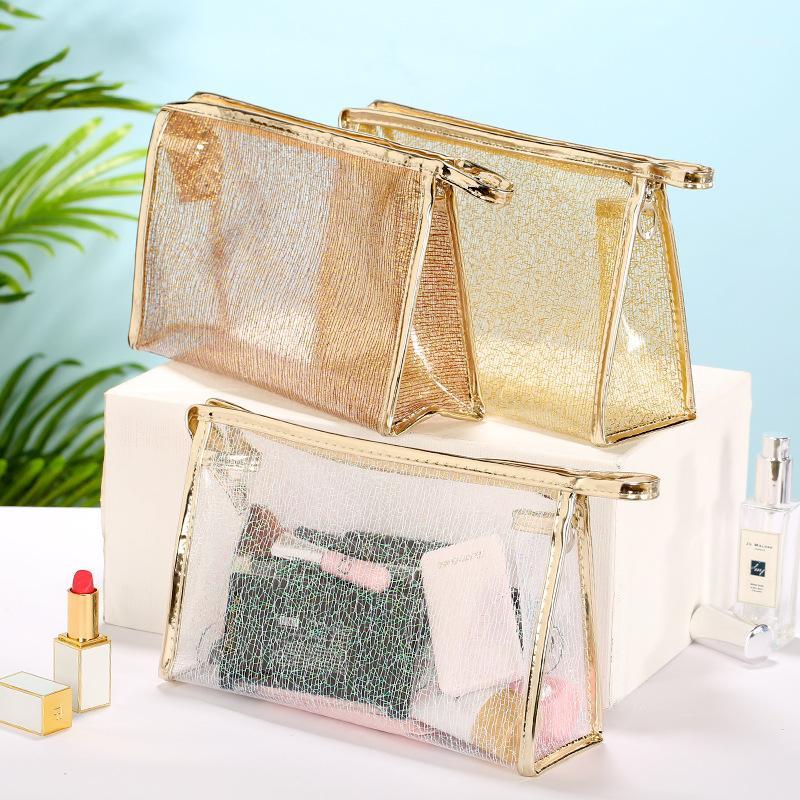 

New Arrive Gold Cosmetic Bag Women Necessaire Make Up Bag Travel Waterproof Portable Makeup Toiletry Kits TPU 100g 23*14.5*61