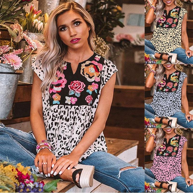 

Summer 2021 Shirts Ladies Shirts Retro V-neck Short Sleeve Chiffon Tops New Leopard Print Tops Blusas Mujer Women Blouses, Blue