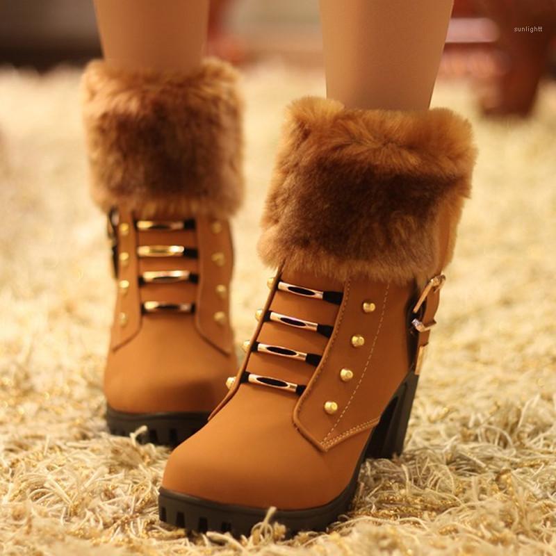 

2020 Winter Shoes Women High Heels Boots Fashion Ladies Snow Boots Warm Fur Plush Cold Winter Ankle Square Heel 8cm A26321, Black