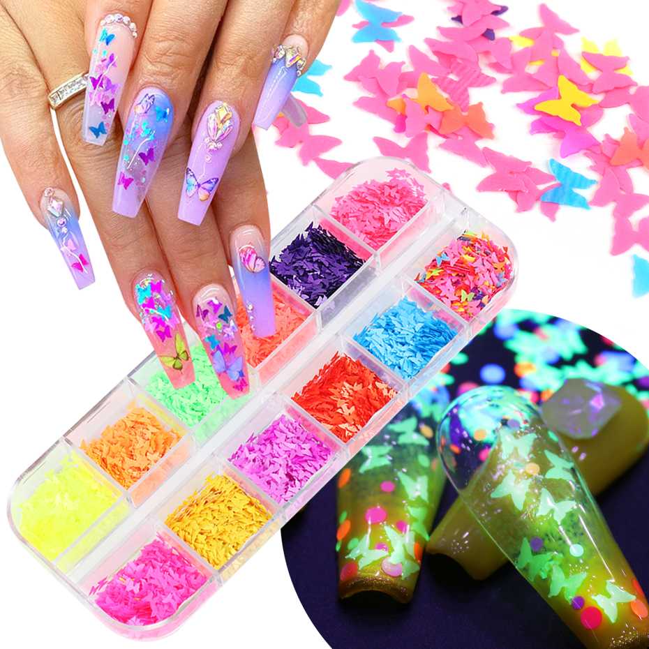 

12Grids Butterfly Neon Fluorescence Nail Art Sequins Chameleon Mirror Shining Glitter Flakes Polish DIY Manicure Paillette BEYHD