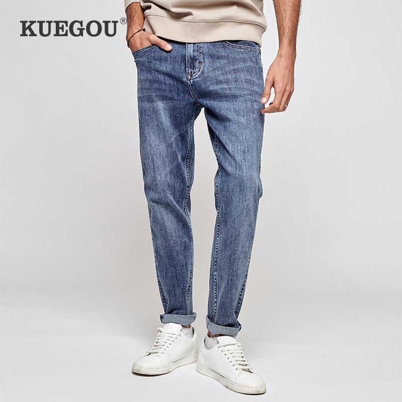 

KUEGOU Cotton Autumn Winter Clothing Classic Blue Man Jeans Washed Fashion Stretch Denim Streetwear Men Plus Size KK-2906