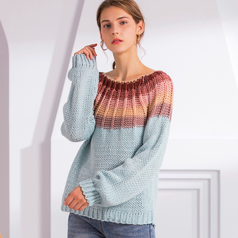 

2021 New Female Winter Sweaters Knitted-out Sweater the Neck Fashion Mrs Rainbow Colours Topos Sw6193 OXS8, Sky blue.