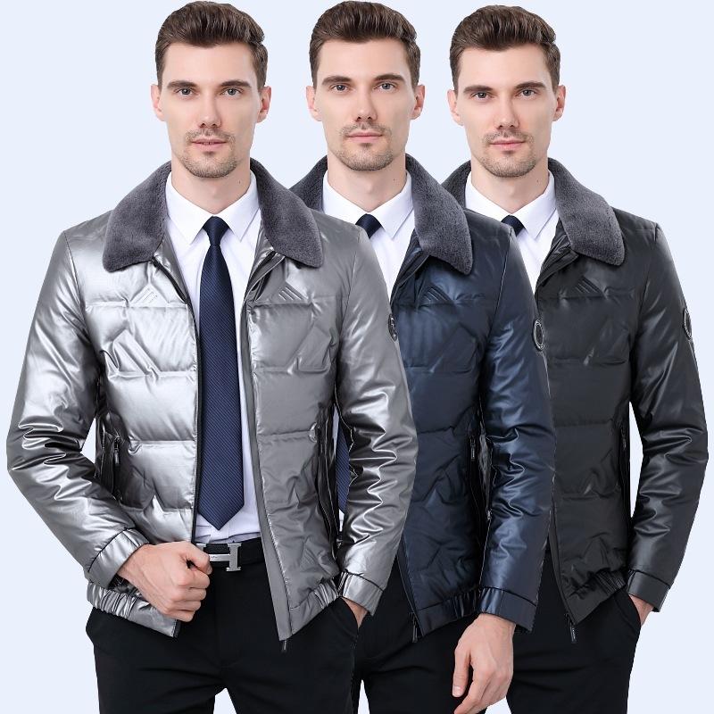 

Shepherd bird down jacket men's thickened short bright waterproof Korean handsome white duck down winter slim coat, Blue