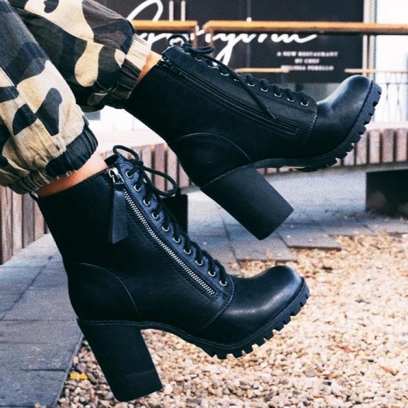 

2020 Winter Women's High Heel Boots New Lace Up Zipper Ankle Boots Round Toe Square Heel Women Outdoor Casual1, Black