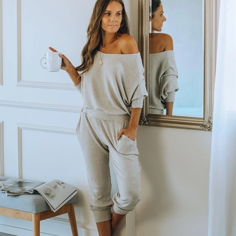 

JULY'S SONG Pajamas Set Women Solid Color Cotton Blended Long Sleeve Trousers Sleepwear Casual Sports Homewear Female 201105, Beige