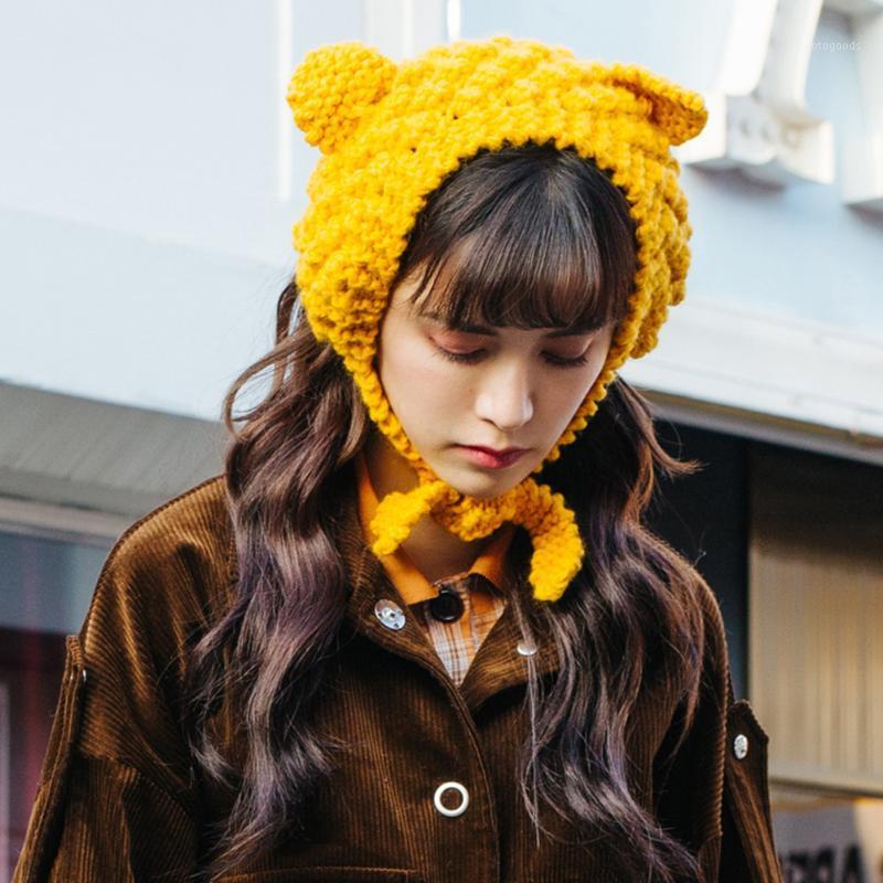

Woman Winter Wool Earmuffs Keep Warm Cute Cat Ears Korean Version Knitted Tie Hair Lead Cap Cute Funny Lovely Black Gray1, Yellow