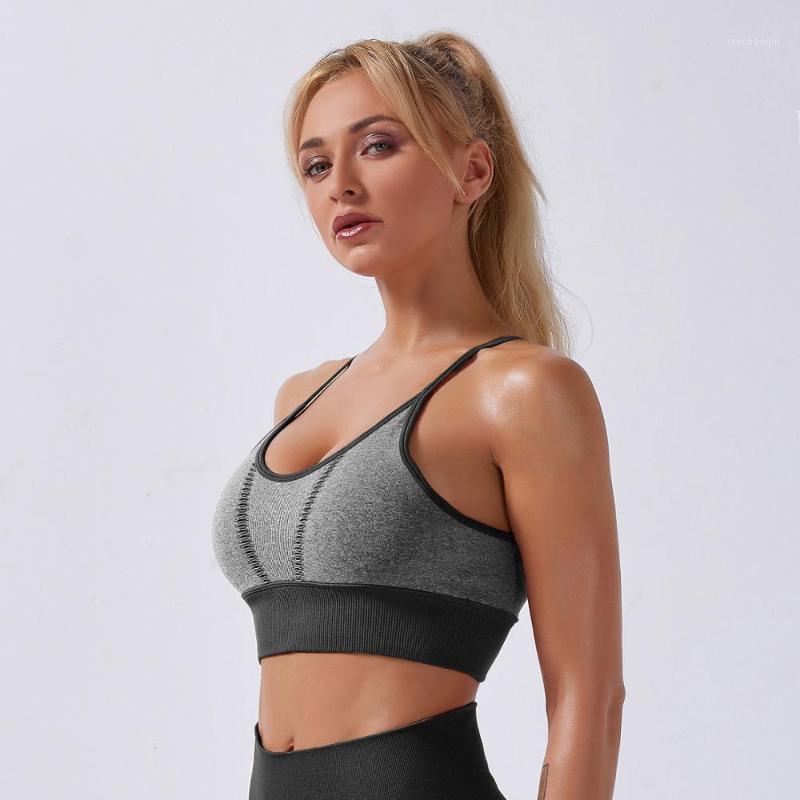 

2020 Knitted Hot Style Women' Yoga Sports Underwear Bra Outdoor Sports Gym Fitness Spaghetti Strap Bra DS1011, Grey bra