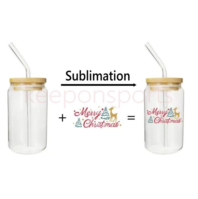 

12oz/16oz Sublimation Cola Can Tumbler Clear Frosted Glass Jar with Bamboo Lid Wide Mouth Beer Cup Festival Party Wine Tumblers FY5118 sf2b27