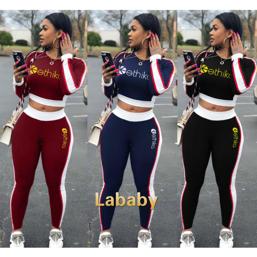 

Women Two Piece Jogger Sets Designer Tracksuits Slim Sexy Contrast Stitching Leisure Letters Printed Webbing Long Sleeve Pants Lababy, Black