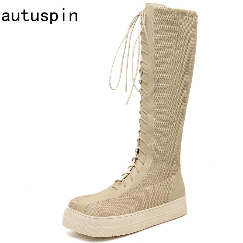 

autuspin Women Flat with Long Boots INS Hot Genuine Cow Leather Fashion Knee-high Motorcycle Boots Female Pleated Lace Up Shoes, Beige