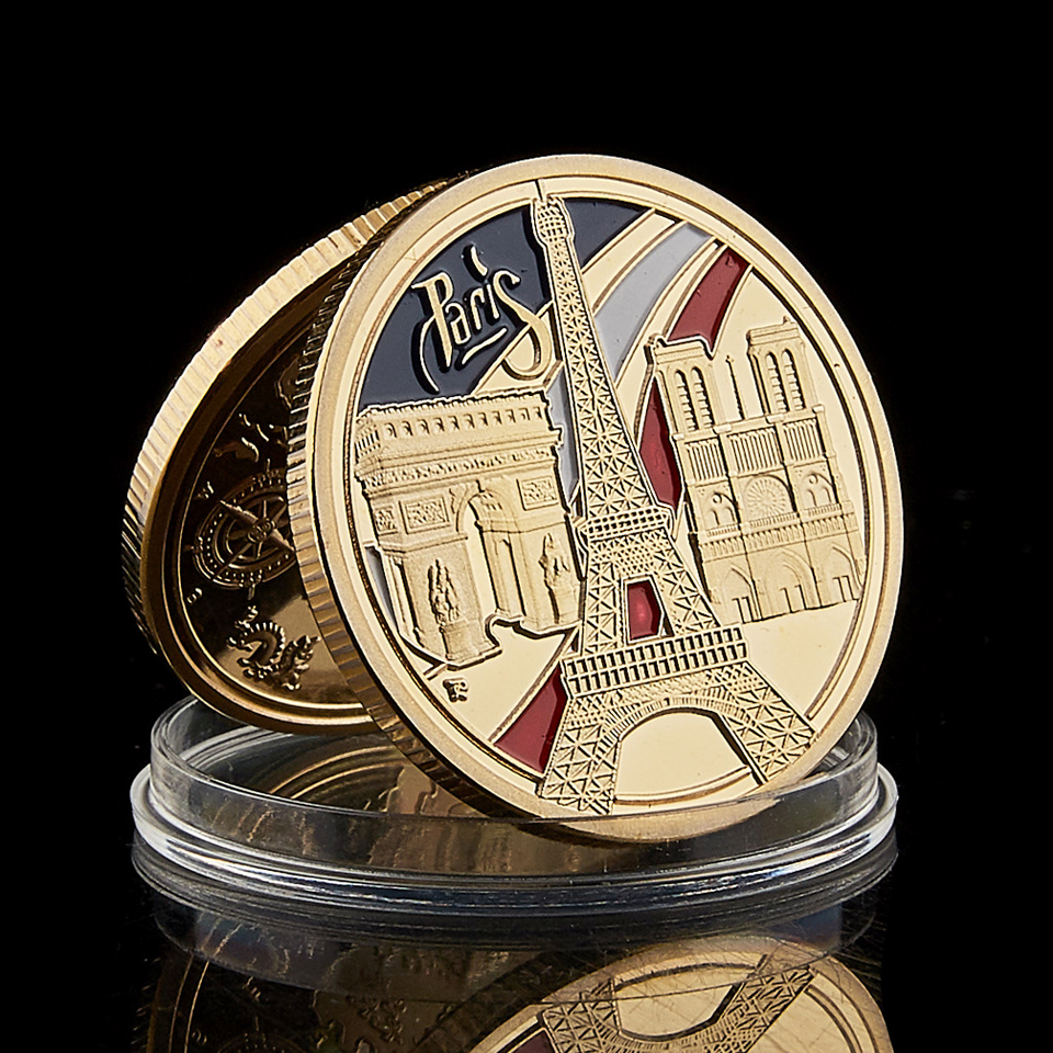 1889 France Paris Military Craft Landmark Tower triumphal Arch 100th Anniversary of the French Revolution Gold Plated Coin Value Collectibles-image-601900447